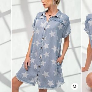 New! Easel Star Printed Chambray Shirt Dress S